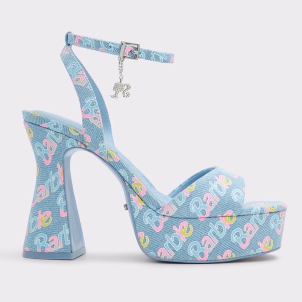 Aldo x Barbie blue jean monogram block charm heels movie collectible runway NIB